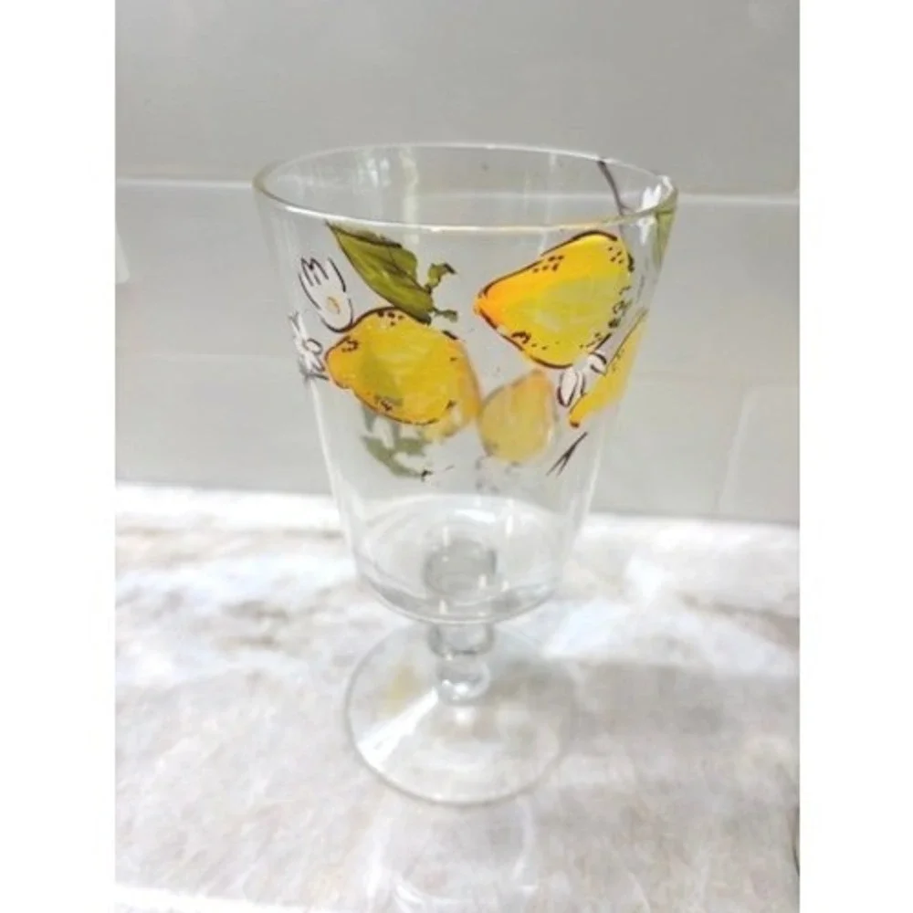 Vintage Lemon Motif Hand Painted Stem Glasses Set 3 Italian Style Citrus Goblets